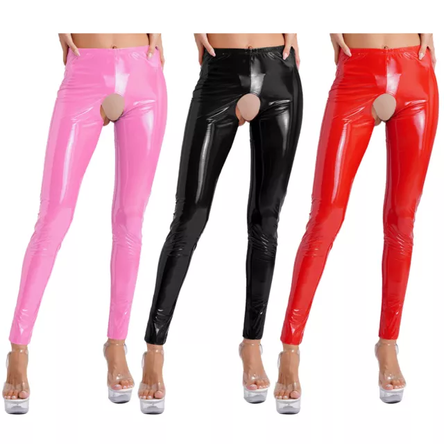 Damen Wetlook Leggings Lederhose Glänzend Offener Schritt Lange Hose Strumpfhose