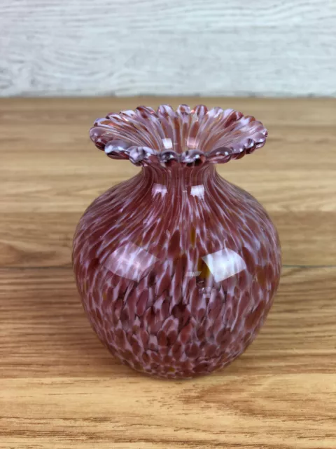 Mottled Pink Guernsey Studio Art Glass Vase Ruffled Flower Shaped Top