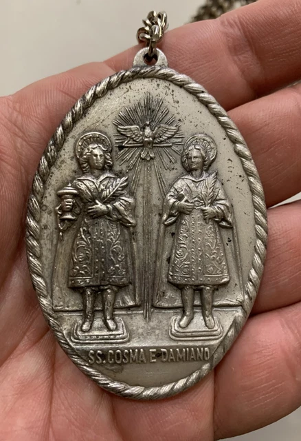 Medaglia Santissimi Cosma E Damiano - Ottone Placcato Argento - Diametro 18 Mm - Con Scatola Regalo - Made In Italy - Foto 5