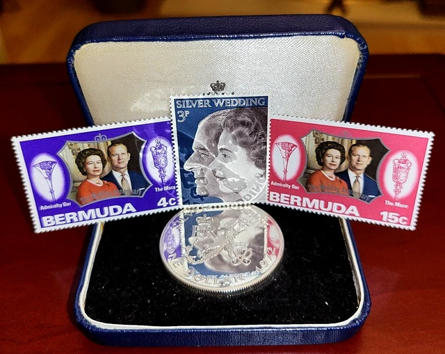 Queen Elizabeth II Solid Silver Wedding Coin King Charles III Stamps Bermuda Old
