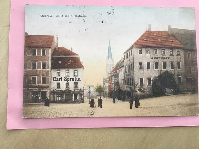 Leisnig Markt u. Kirchstrasse um 1898 mit 4 Briefmarken gelaufen 1922 Apotheker