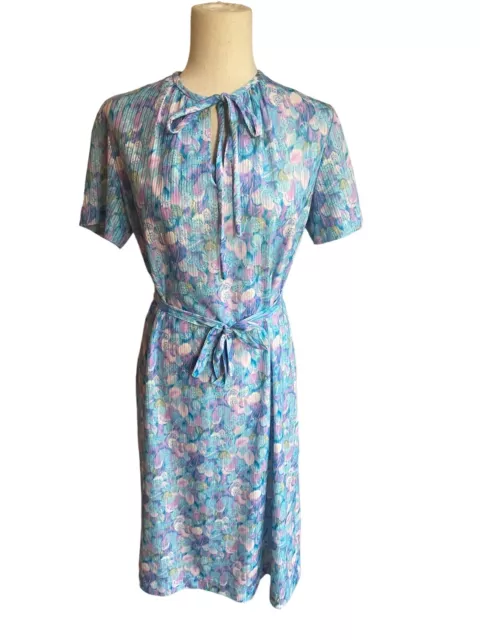 VINTAGE BLUE FLORAL Dress House Day Shift Midi Dress 70s 60s Tie Neck ...