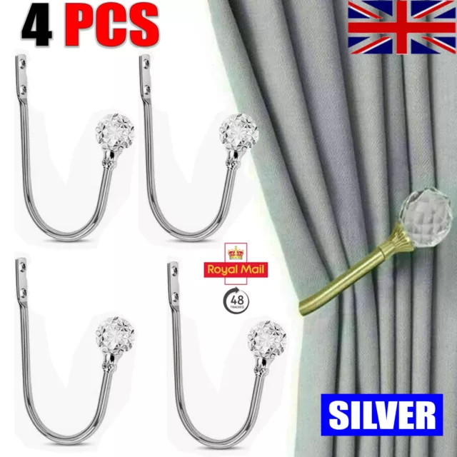 4PCS Silver Metal Crystal Curtain Holdback Wall Tie Backs Hooks Hanger Holder UK