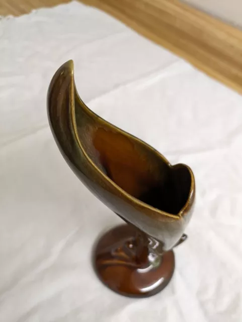 Vtg. Van Briggle pottery, Bird of Paradise bud vase. Brown/drip. 3