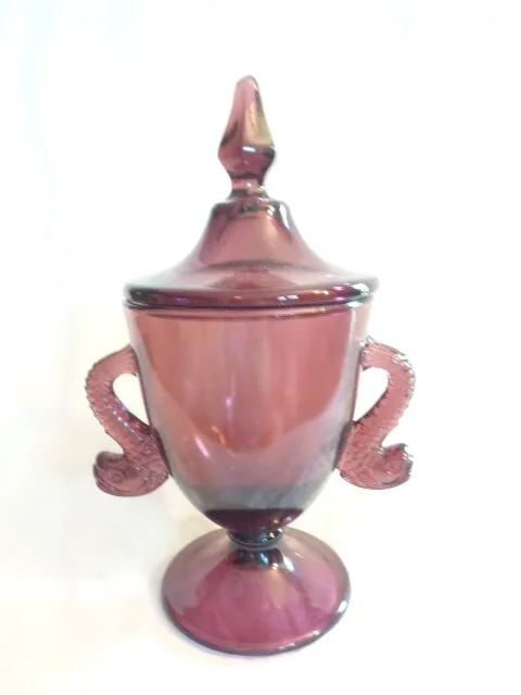 Fenton Purple Amethyst Glass Candy Dish With Dolphin Handles 9" Tall With Lid
