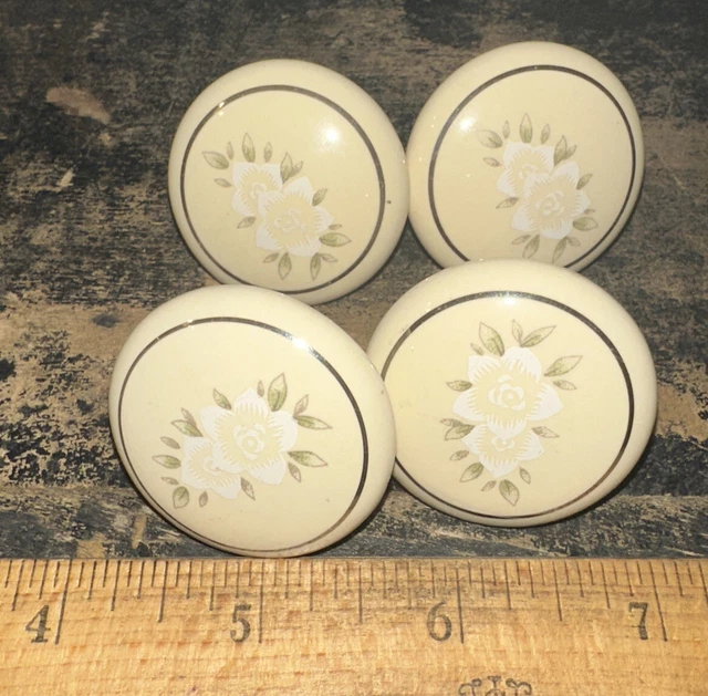 Ceramic Porcelain (Drawer Pulls) Vintage Set of 4 Floral Design Cabinet Knobs