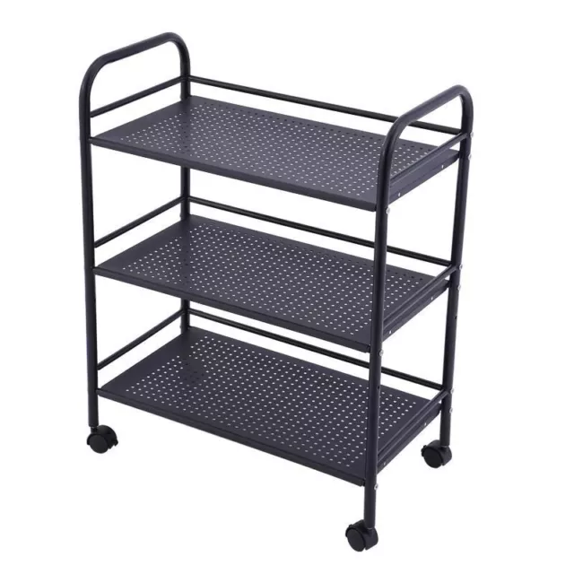 Black Metal 3 Tier Rolling Trolley Cart Shelf Rack Beauty Salon Kitchen Bathroom