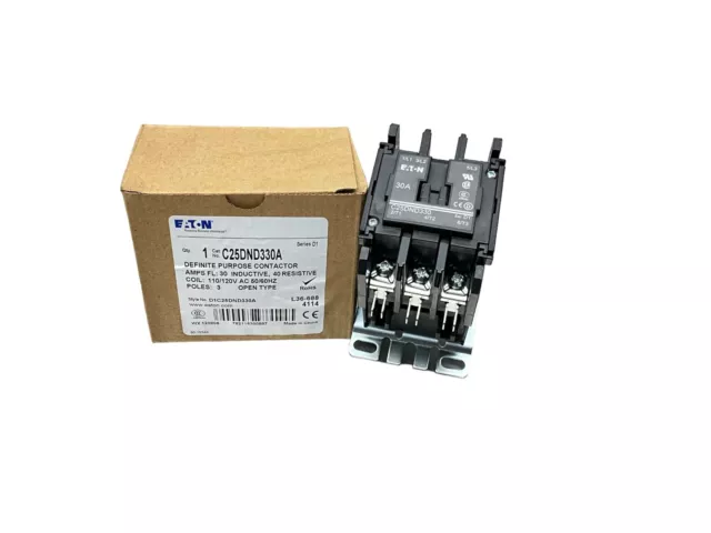 EATON C25DND330A 120 VAC 3 Pole 30 AMP Definite Purpose Contactor