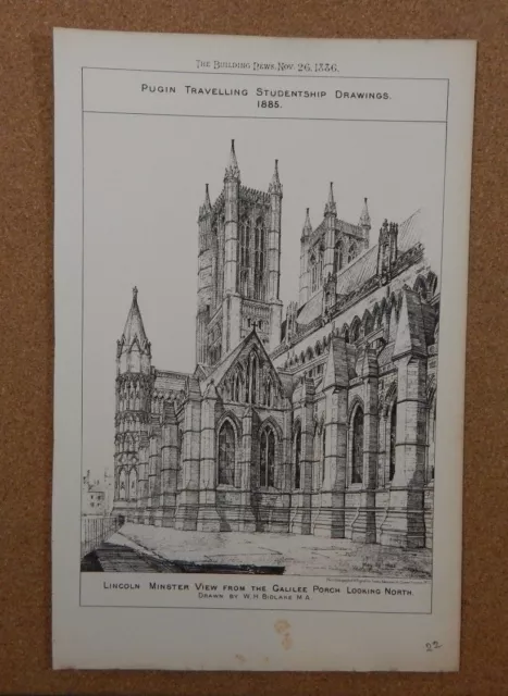 Antique Architects print Lincoln Minster Pugin Studentship Drawings 1886