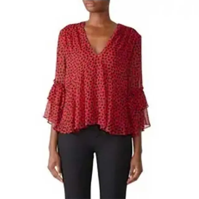 Shoshanna Oleta silk chiffon red black ruffle sleeve blouse semi sheer boho top