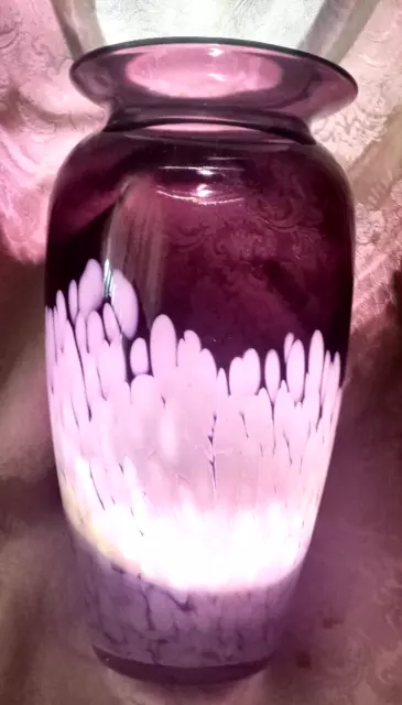 Vintage Purple White Tall Vase Magnificent Plum Hand Blown Art Glass 11 in.