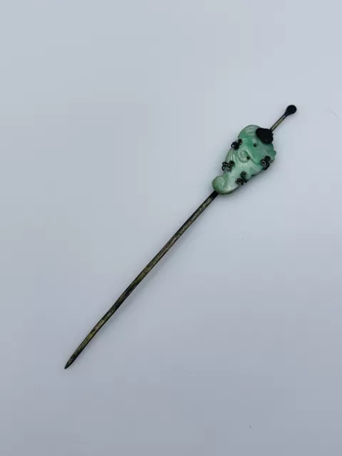 Chinese Antique Sterling Silver Carved Green Jade Hair Hat Pin