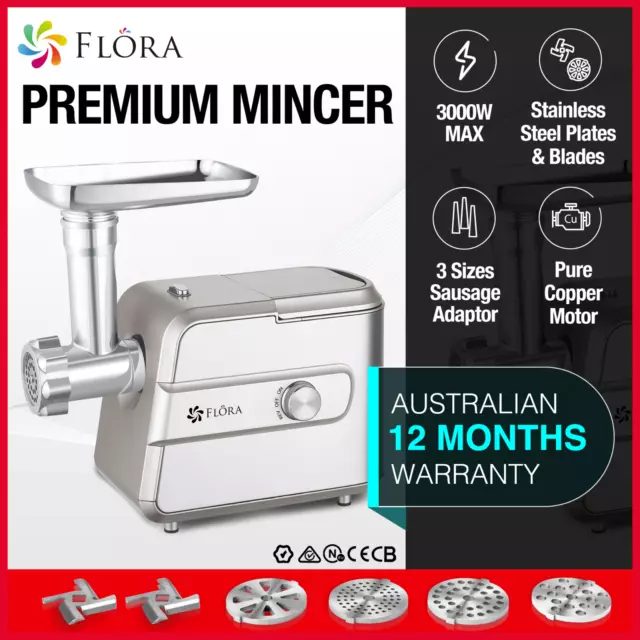 Flora Max 3000W Electric Meat Mincer Sausage Filler Stuffer Kibbe Maker Machine