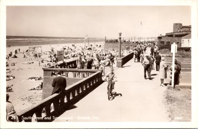 c1940s RPPC Seaside OR South Promenade & Turnaround Beach Oregon Postcard 720b