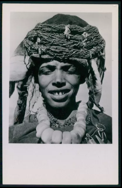Morocco tribal hat necklace Chleuth woman Ethnic Arab Africa 1950 photo postcard