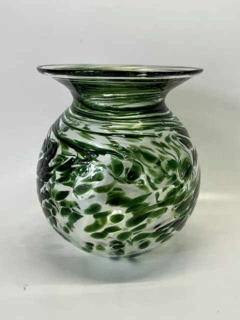 Exmoor Art Glass Vase Green Swirl Signed