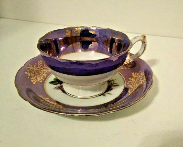 L.M. Royal Halsey Vintage Very Fine China Purple, Gold Scallop Edge Cup & Saucer