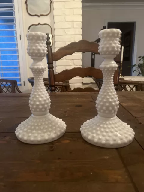 Vintage Fenton White Hobnail Milk Glass Tall 9" Candlestick Pair/Candle Holders