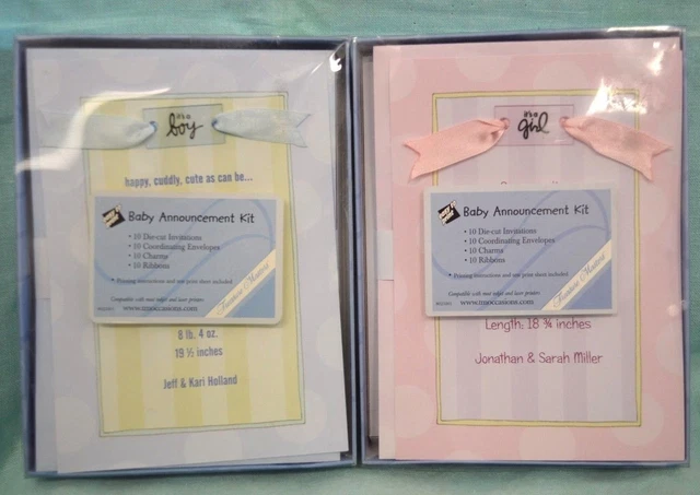 U PICK Baby Announcement KIT Girl BOY Pink BLUE 10 Invitations Envelopes Ribbons