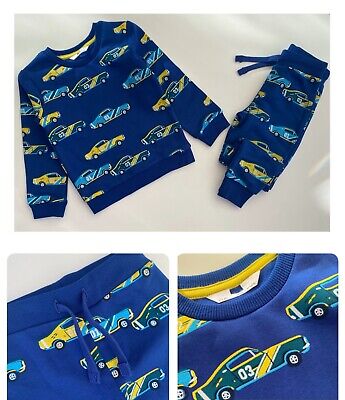 Boys M*S Jogging Set Co Ord Tracksuit Suit Outfit Blue Cars Joggers Sweatshirt