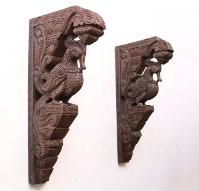 Wooden Wall Bracket Corbel  Peacock Statue Bird Pair Vintage Home Decor Shelf