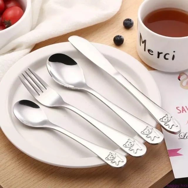 4pcs / Juego Bebé Cucharita Cuchara Comida Alimentación Tenedor Utensilios Acero 2