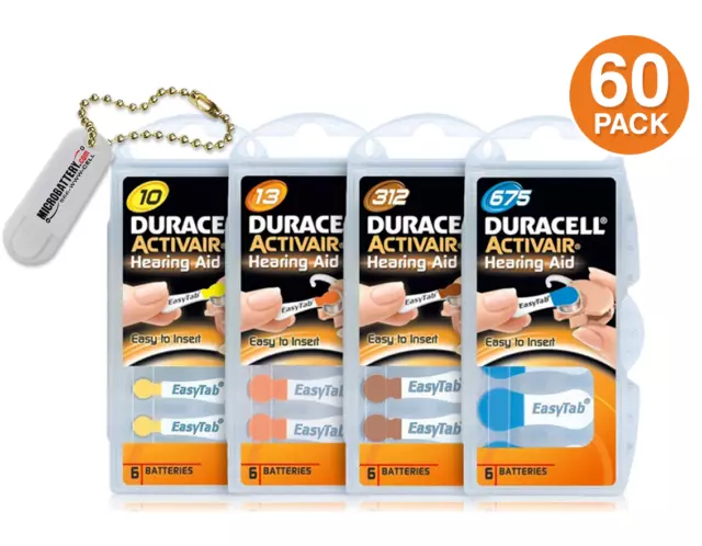 Duracell Size 10 / 13 / 312 / 675 Hearing Aid Batteries (60 Pack) + Keychain