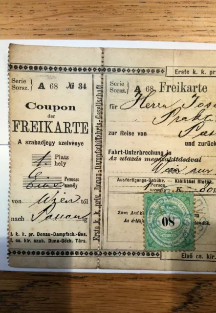 1905 Antik k. u. k. Billlet Fahrschein Wien Passau Donau SCHIFF DAMPFER Ticket 3