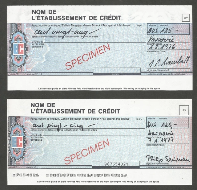 France - Eurocheque; Sample; 1970's; Specimen; UNC; 2 varieties