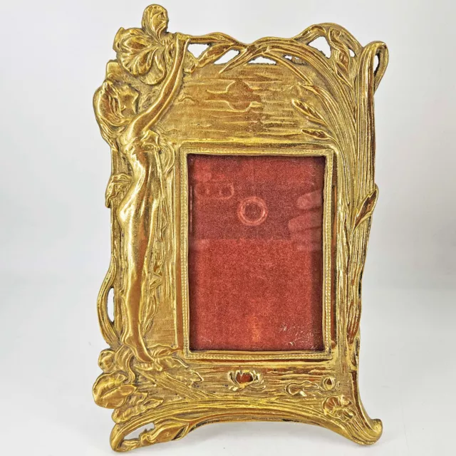 Vintage ART NOUVEAU brass picture frame NYMPH or GODDESS flowers