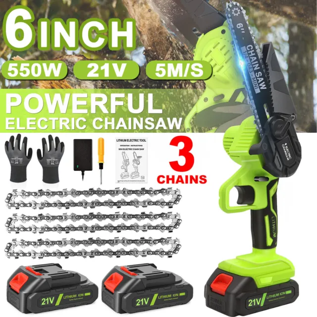 6" Mini Cordless Electric Chainsaw 2X Battery-Powered Wood Cutter Rechargeable
