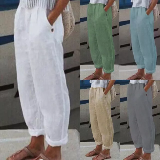 Plus Size Ladies Cotton Linen Casual Long Pants Womens Wide Leg