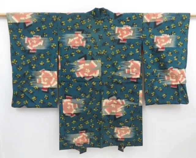 3410T11z490 Vintage Japanese Kimono Silk MEISEN HAORI Flower Dull cyan