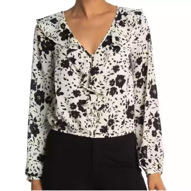 ASTR The Label Size SM Cream Black Floral Blouse Cropped Ruffle Long Sleeve