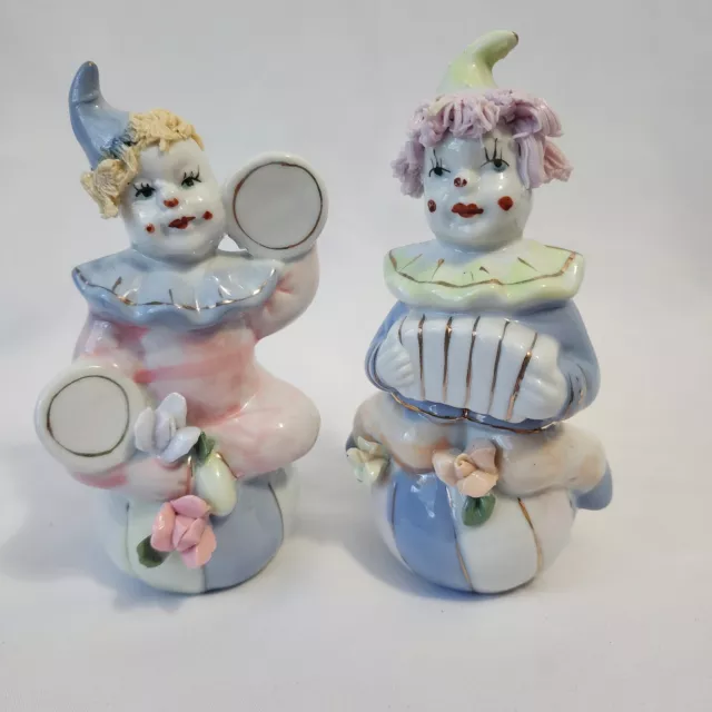 Vintage Porcelain Figurines Set Of Two Clowns With Musical Instruments