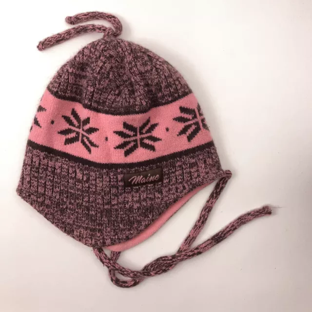 Maine American Crown Winter Ear Flap Hat Pink Heathered Snowflake Pattern