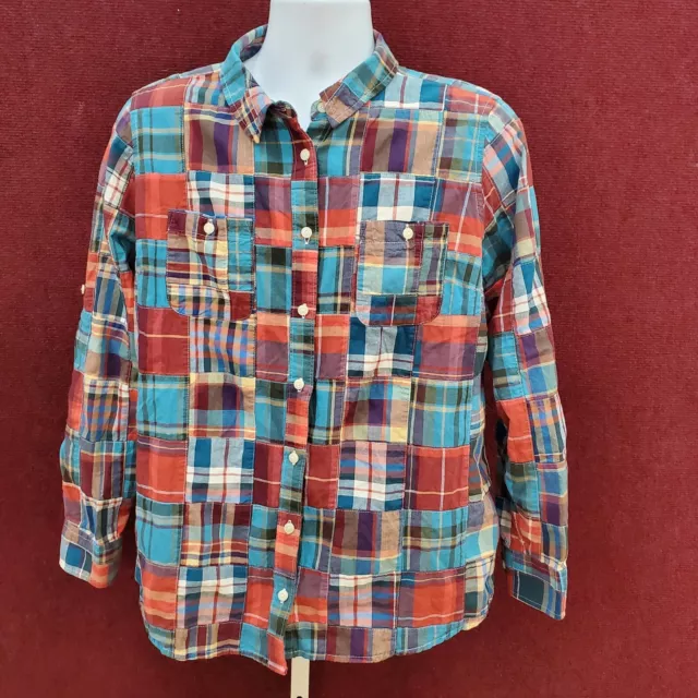 LL Bean Mujer Camisa Grande Madrás Mangas Largas Botones Colorida Patchwork a Cuadros