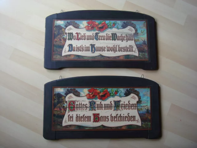 2 schöne alte Holzbilder mit Spruch Blumen und Landschaft