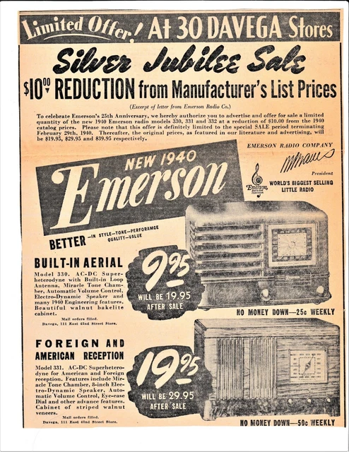 1940 Davega Stores Ad 1949 Emerson Radio - World's Biggest Selling Little Radio
