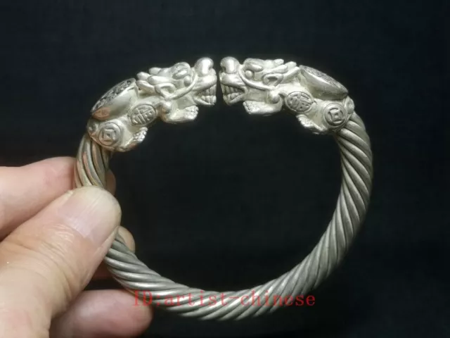 Old Chinese Tibet Silver Handmade Coin Pi Xiu dragon Bracelet gift Collection