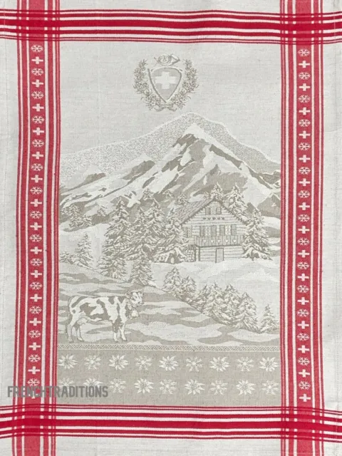 French Jacquard Kitchen Dish Towel Swiss Alps Scenery Edelweiss Made France