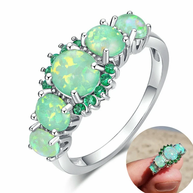Anillo grande relleno de piedra de ópalo de fuego verde chapado en plata joyería bohemia R6N8
