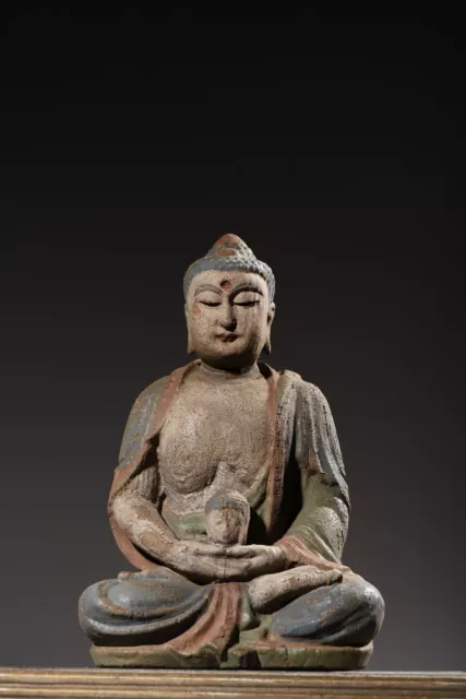 Old Chinese Wood Carved Sakyamuni Statue Painted Wooden Sculpture Home Decor Art