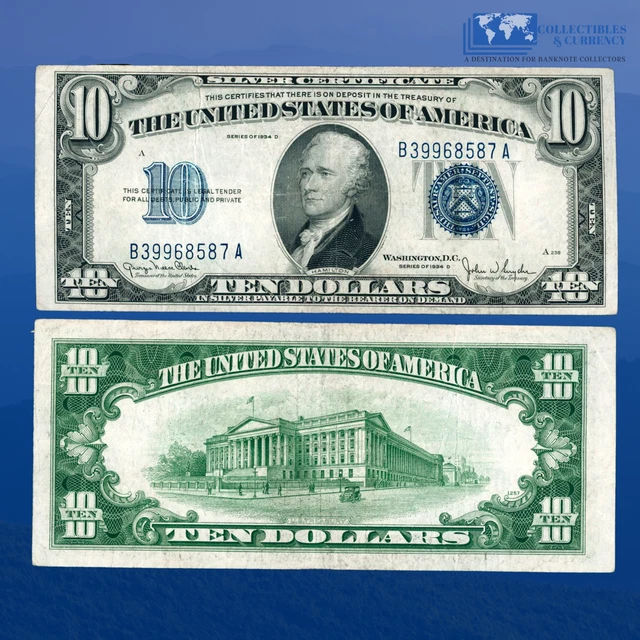 1934D $10 Ten Dollars Silver Certificate Blue Seal, VF+ Condition #68587