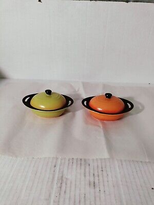 A Pair Of Vintage Bergner 1 1/4x6 Small Cast Iron Pots Yellow And Orange