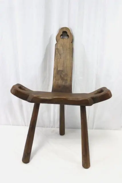 Antique Primitive Wood Milking Stool Birthing Chair Folk Art 3 Legged w/ Back
