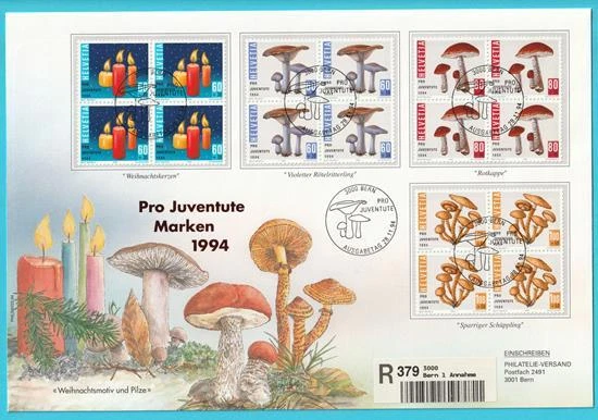 Schweiz aus 1994 FDC Sonderstempel MiNr. 1536-1539 Pilze 4er Block Pro Juventute