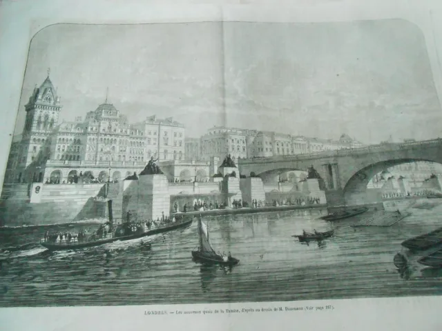 1865 engraving - London Les nouveau quais de la Thames
