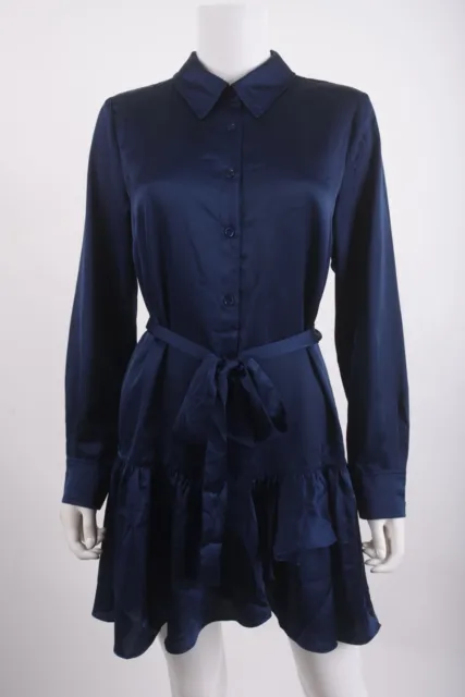 Milly Womens Noah Satin Shirt Dress Size 8 Navy Blue Ruffled Long Sleeve NWT