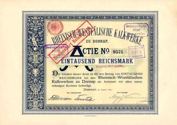 Rheinisch-Westfälische Kalkwerke Dornap hist Aktie 1896 Wuppertal Rheinkalk RWK